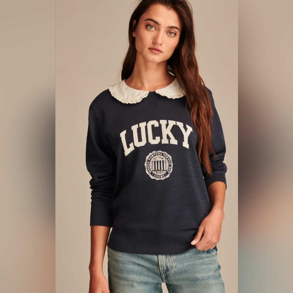 LUCKY BRAND | Women's Navy/White Peter Pan Collared Relaxed Fit Sweatshirt